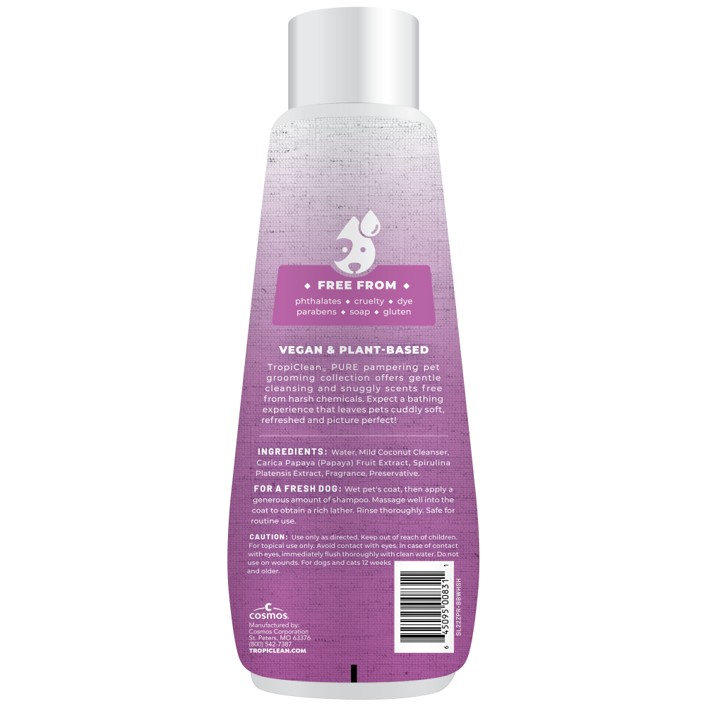 TropiClean PURE Brightening Bliss Whitening Plant-Based Dog Shampoo, back of 22oz bottle