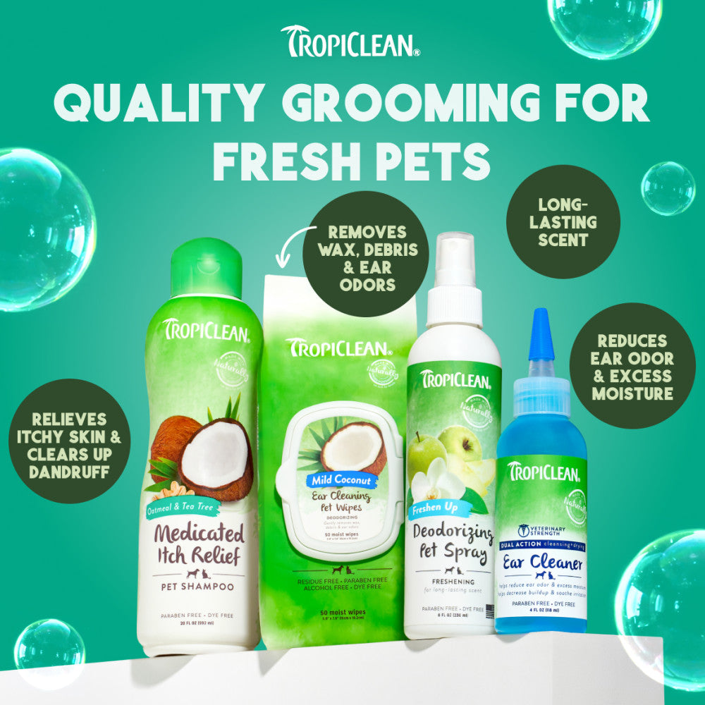 TropicClean pet care products on a green background with product features highlighted.
