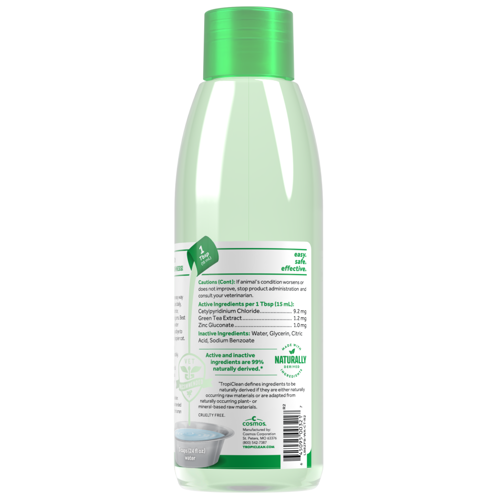 Fresh Breath by TropiClean Oral Care Water Additive for Cats, image of back of 8oz bottle