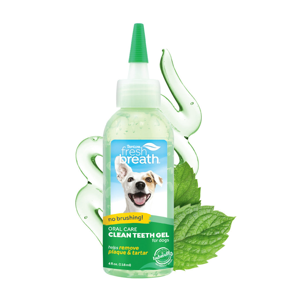 TropiClean Fresh Breath No Brushing Clean Teeth Dental & Oral Care Gel for Dogs, 4oz bottle front.