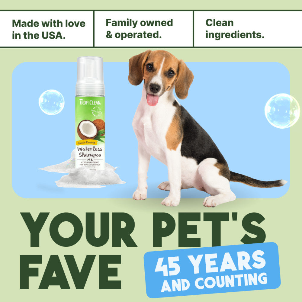Beagle with a bottle ofTropiClean Hypoallergenic Waterless Shampoo for Dogs and Cats with text about the product's features and longevity.