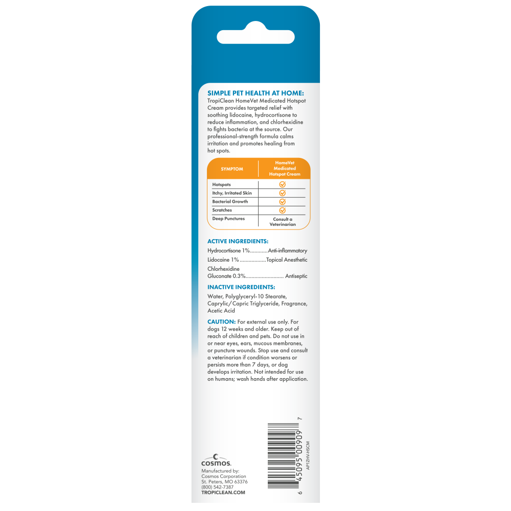 HomeVet Medicated Hot Spot Cream for Dogs by TropiClean, back of a product packaging with text and labels.