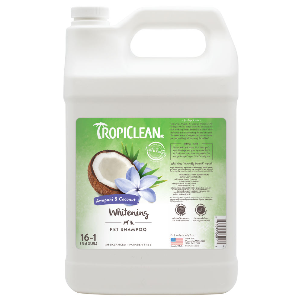 TropiClean Awapuhi & Coconut Whitening Shampoo for Pets, front image of 1 gal bottle
