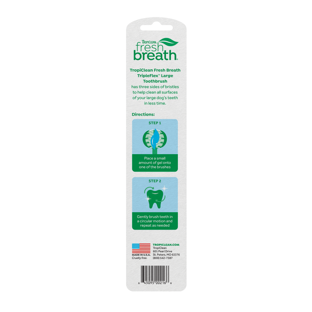 TropiClean Fresh Breath Dog Toothbrush, image of back of package for large dogs