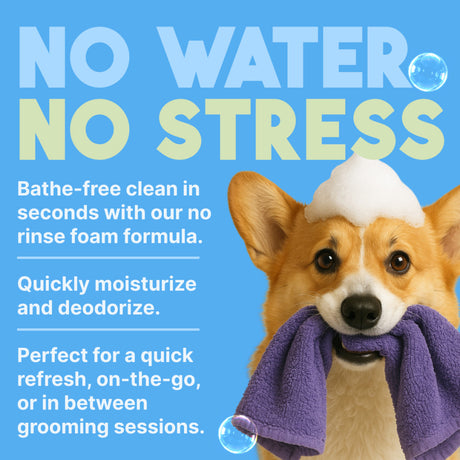 Dog with a towel and foam with text about a no water, no stress product.