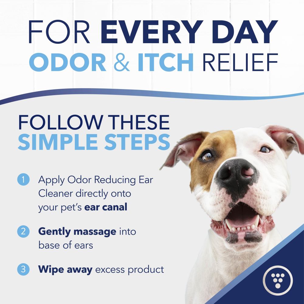 TropiClean OxyMed Ear Cleaner for Dogs and Cats, dog with text on odor and itch relief for pets