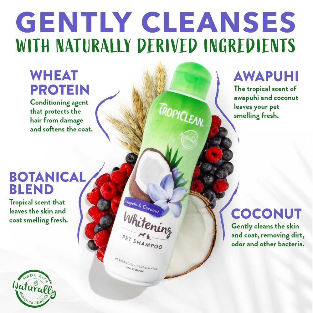 TropiClean Awapuhi & Coconut Whitening Shampoo for Pets bottle with ingredients listed