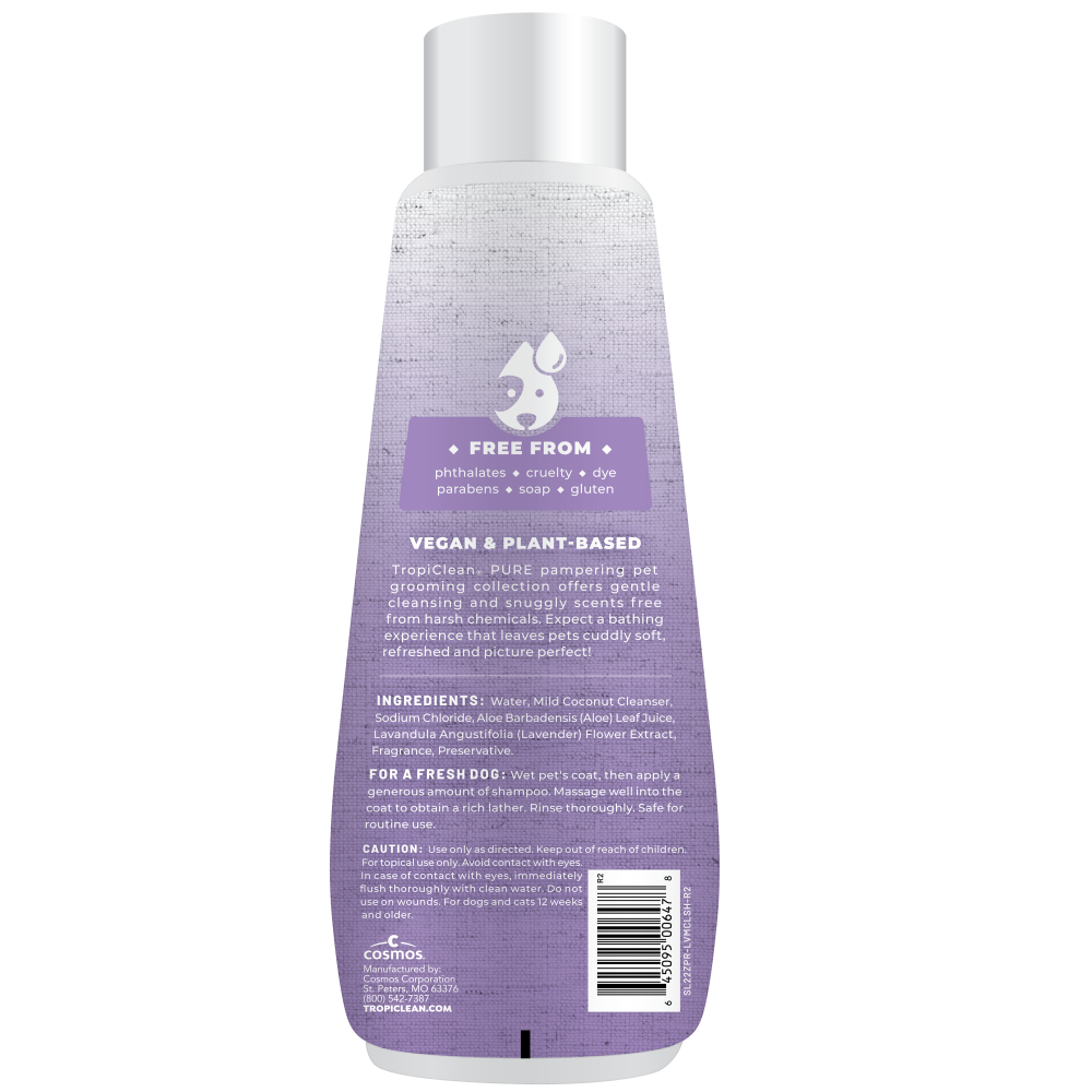 TropiClean PURE Lavender Mist Calming Plant-Based Pet Shampoo, back of 22oz bottle