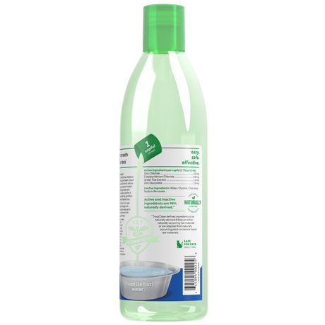 TropiClean Fresh Breath Max Strength Dental Water Additive for Dogs, back image of 16oz bottle