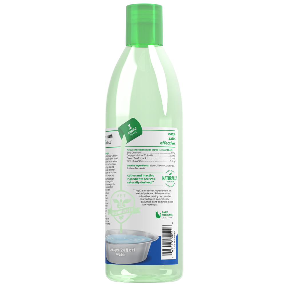 TropiClean Fresh Breath Max Strength Dental Water Additive for Dogs, back image of 16oz bottle