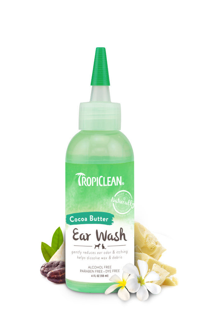 TropiClean Alcohol-Free Ear Wash for Dogs & Cats, image of front of 4oz bottle with image of ingredients