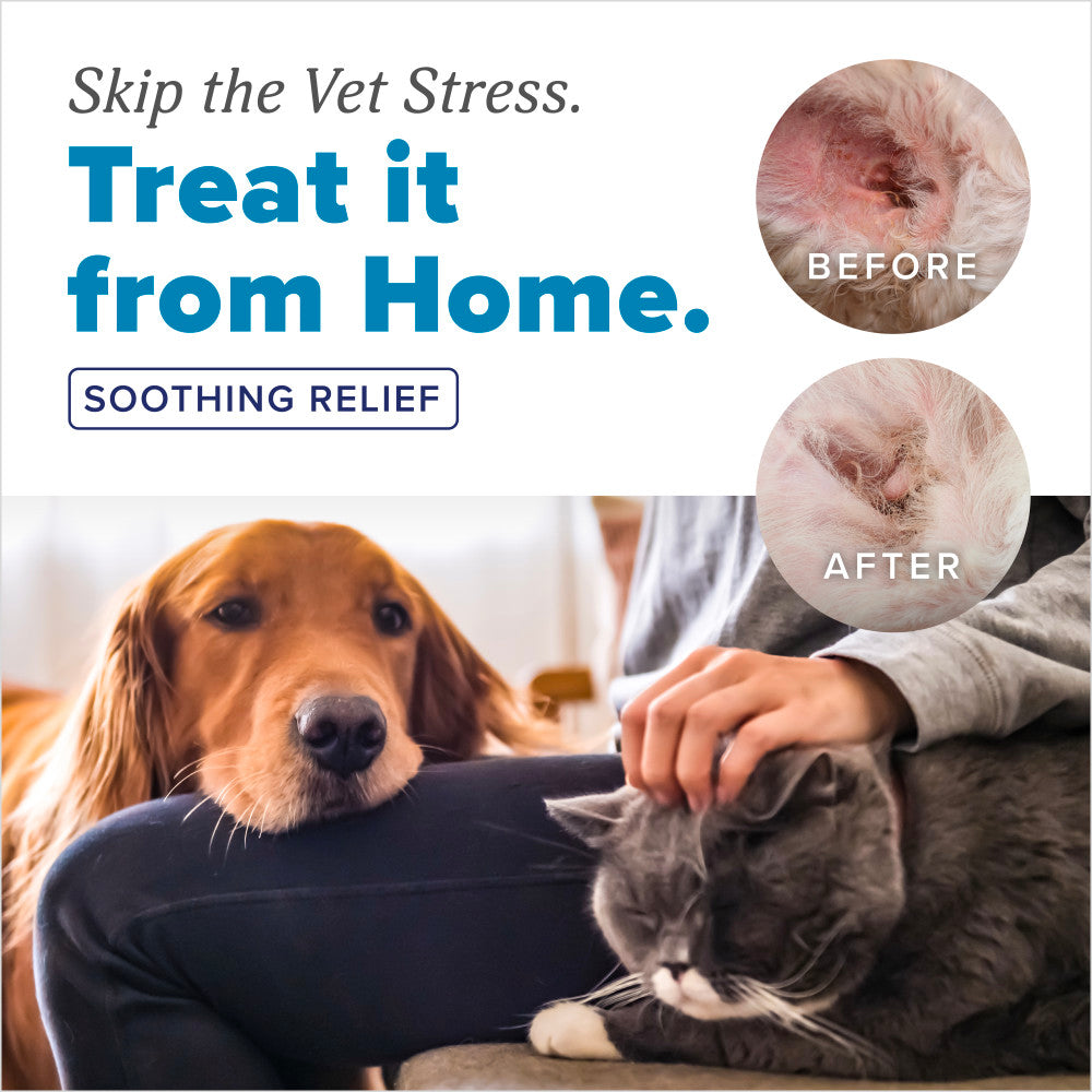 Dog and cat lying on a person's lap with text 'Skip the Vet Stress. Treat it from Home.' and 'Soothing Relief' for TropiClean HomeVet Enzymatic Ear Wash for Cats & Dogs