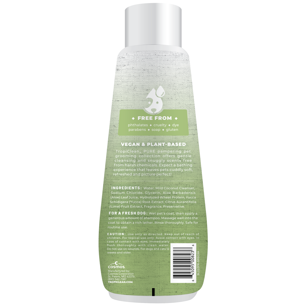 TropiClean PURE Sweet Meadow Shed Control Plant-Based Dog Shampoo, back of 22oz bottle