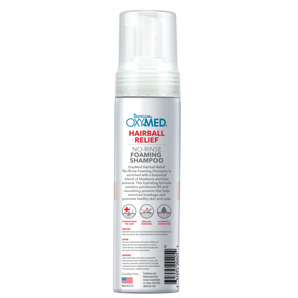 TropiClean OxyMed Waterless Dry Shampoo for Cats, image of back of bottle