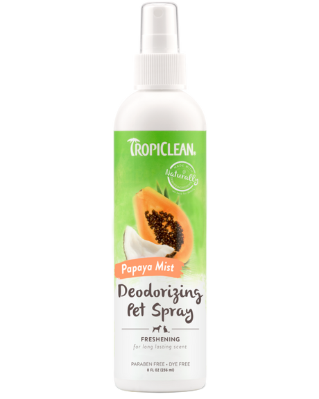 TropiClean Papaya Mist Deodorizing Pet Spray for Dogs & Cats, front of spray bottle.