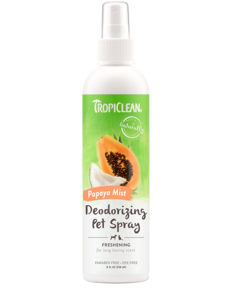 TropiClean Papaya Mist Deodorizing Pet Spray for Dogs & Cats, front of spray bottle.