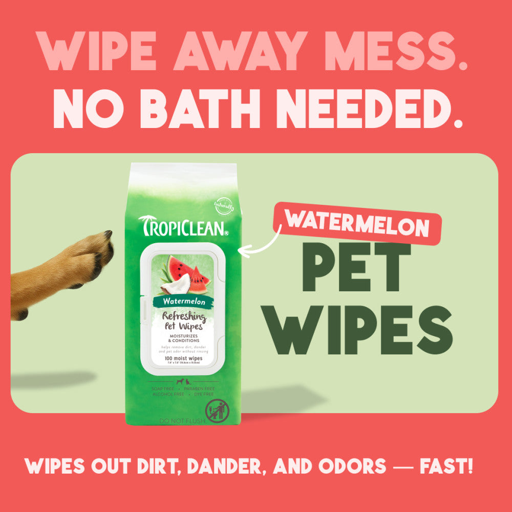 TropiClean Watermelon 2-In-1 Refreshing Wipes for Dogs & Cats packaging with promotional text on a red background
