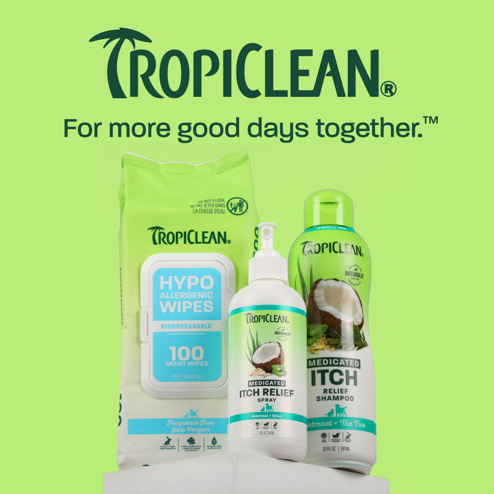 TropiClean itch line up on light green background.