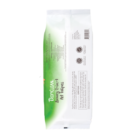 TropiClean Papaya & Coconut Luxury 2-In-1 Pet Wipes, back of 100 ct package