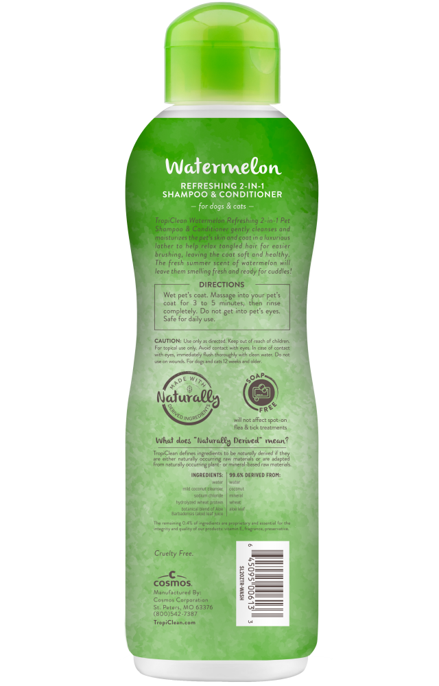 TropiClean Watermelon Refreshing 2-in-1 Pet Shampoo & Conditioner, back view of bottle