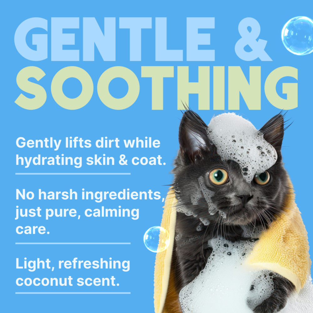 TropiClean Gentle Coconut Hypoallergenic Cat & Kitten Shampoo. Cat with suds with text about gentle and soothing pet care product.