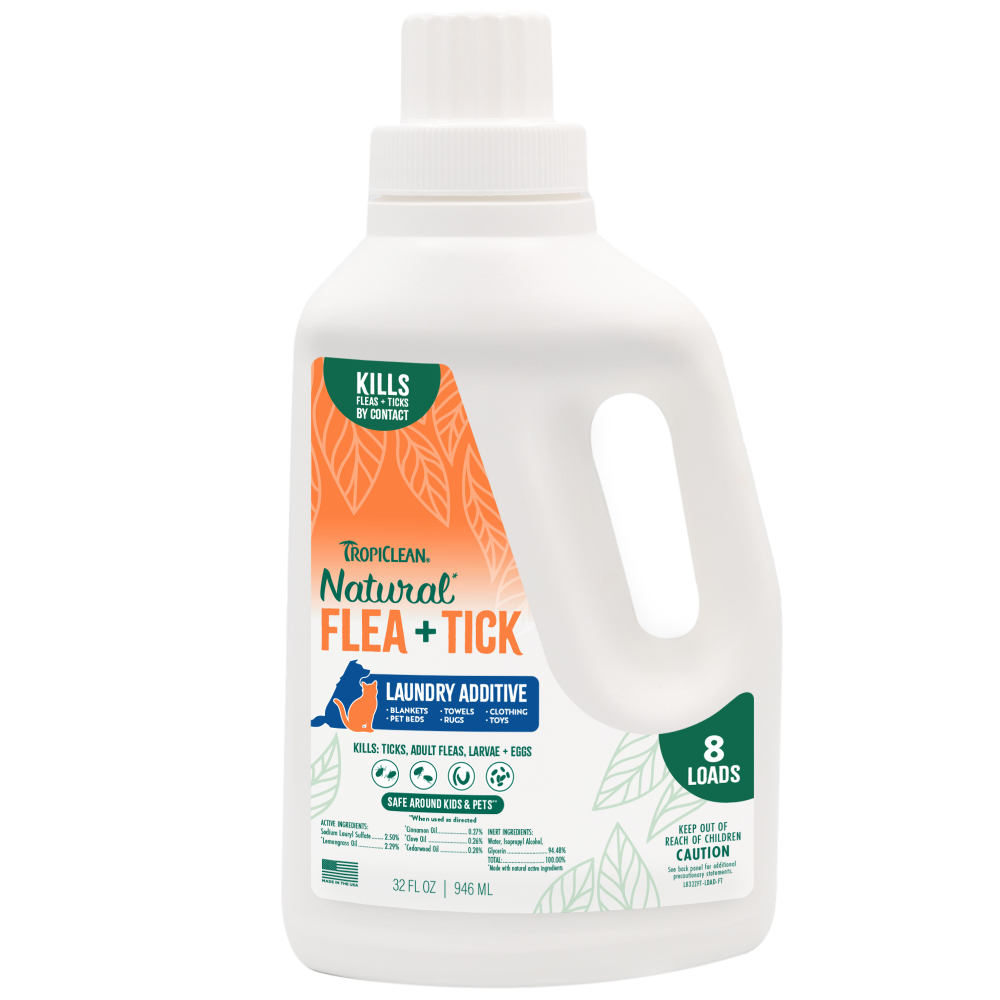 TropiClean Natural Flea + Tick Laundry Additive, front of 32oz bottle