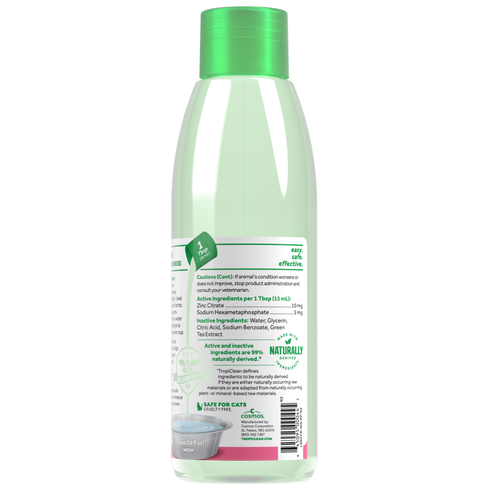 TropiClean Fresh Breath Oral Care Water Additive for Puppies, back view of 8oz bottle