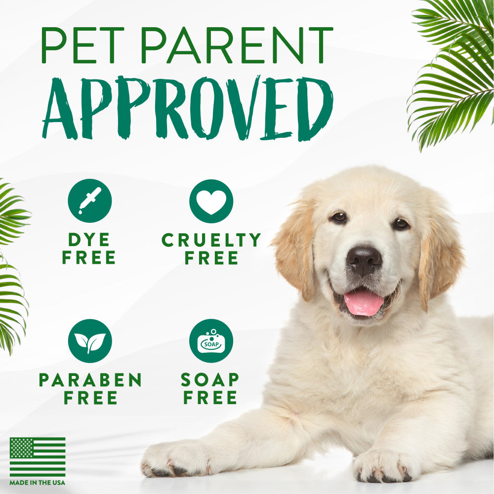 TropiClean Watermelon Refreshing 2-in-1 Pet Shampoo & Conditioner. Dog with 'Pet Parent Approved' label, highlighting dye-free, cruelty-free, paraben-free, and soap-free products.