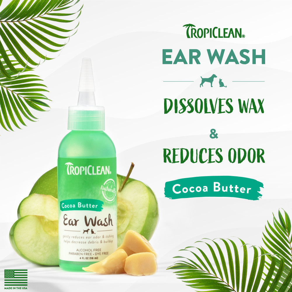 TropiClean Alcohol-Free Ear Wash for Dogs & Cats, bottle with green leaves and apples on a white background