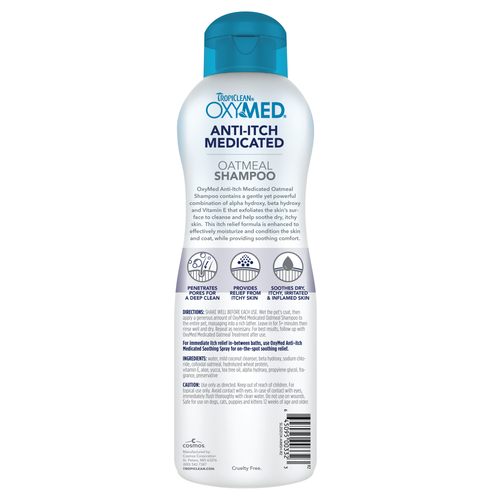 TropiClean OxyMed Medicated Anti Itch Shampoo for Pets, back of 20oz bottle
