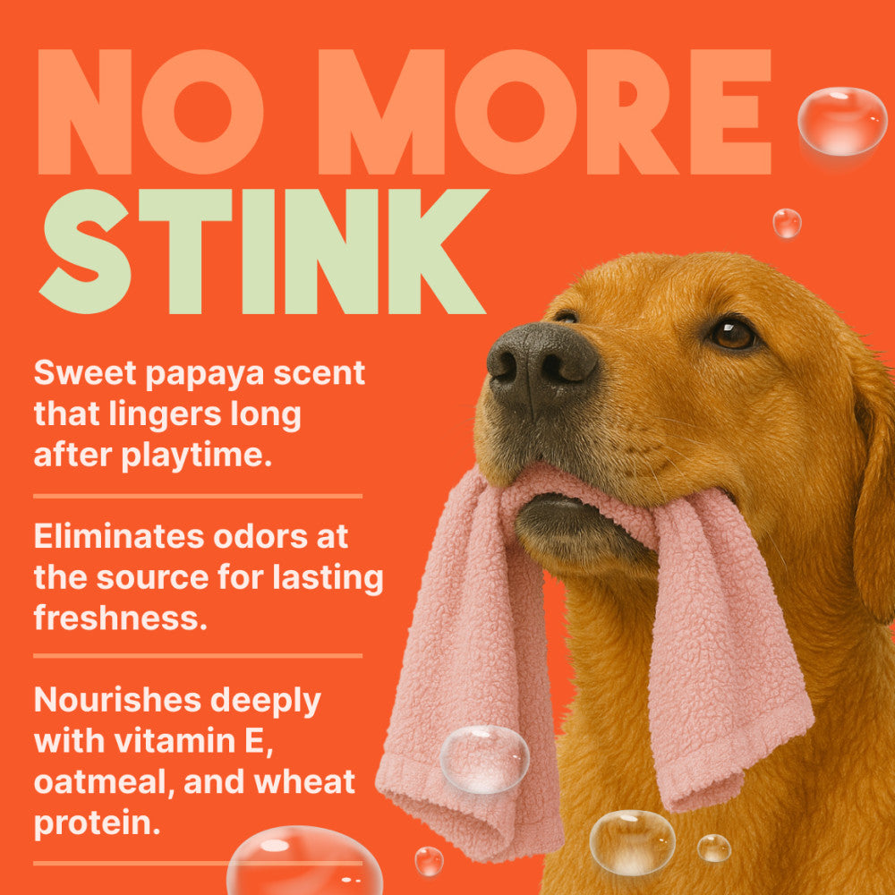 TropiClean Papaya Mist Deodorizing Pet Spray for Dogs & Cats. Dog with a pink towel on an orange background with text about a product eliminating dog odor.