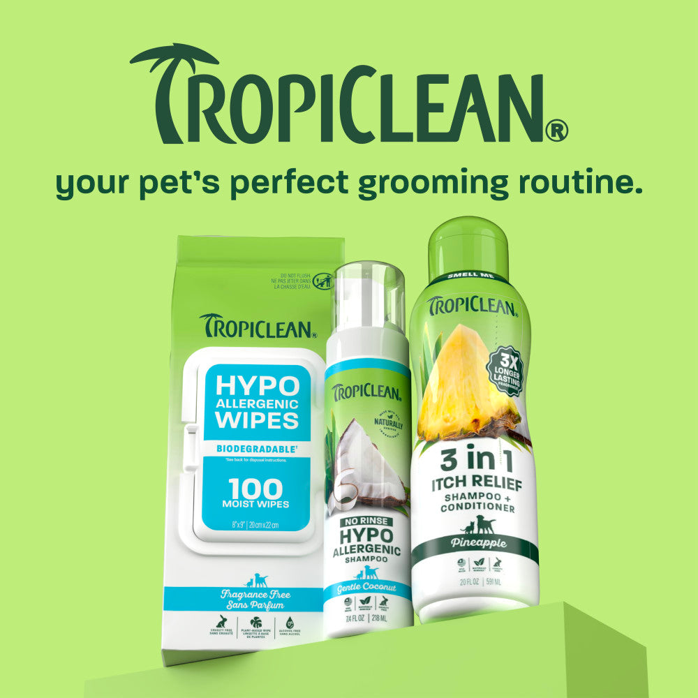 TropiClean line up on light green background.