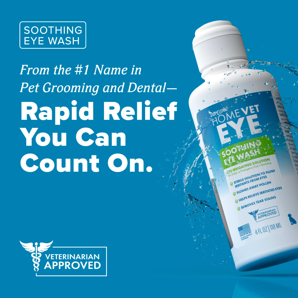 TropiClean HomeVet Soothing Eye Wash for Dogs & Cats bottle with text on a blue background