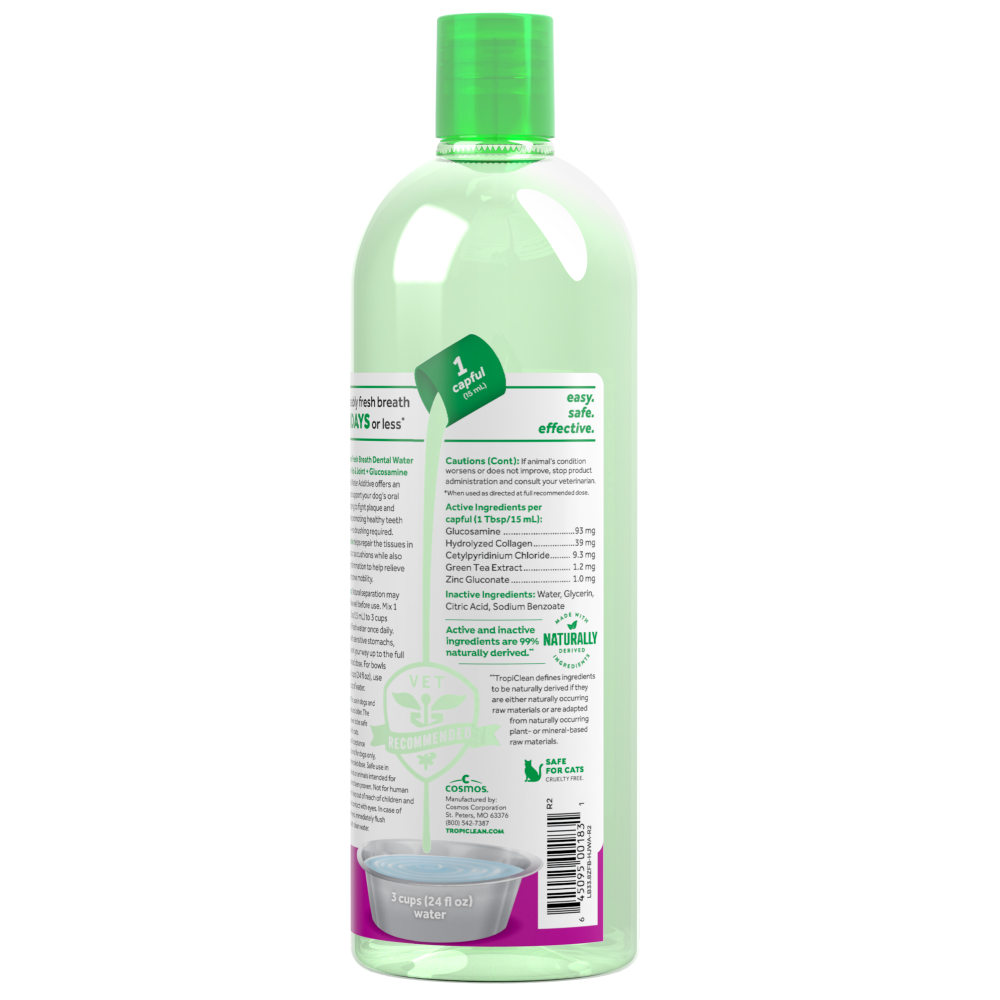 Fresh Breath by TropiClean Oral Care Water Additive Plus Hip & Joint for Pets, image of back of 33oz bottle