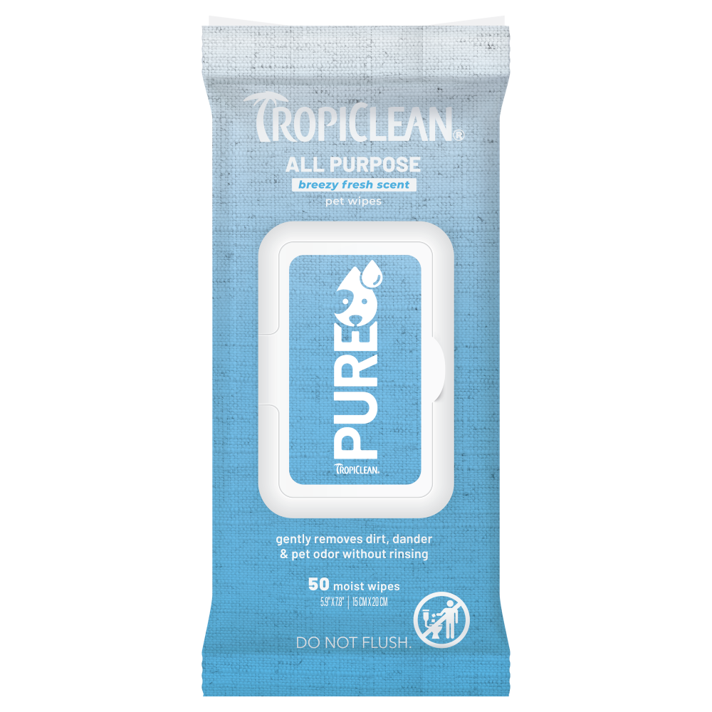 TropiClean PURE All Purpose Plant Based Wipes for Dogs & Cats, image of front of 50ct package