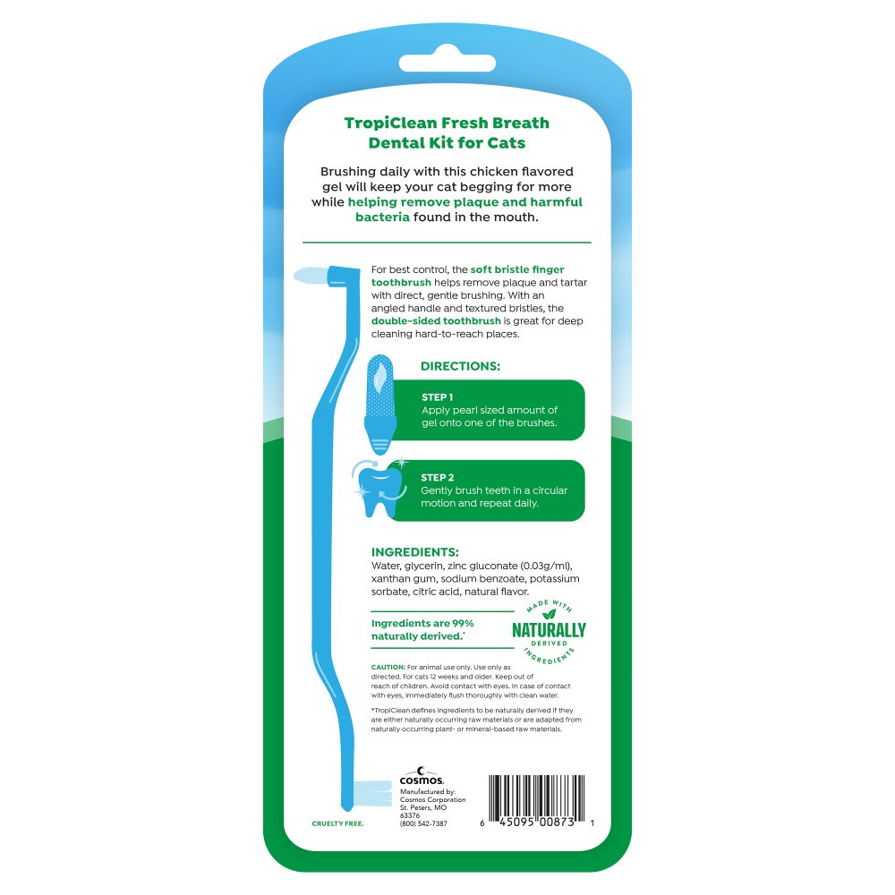 TropiClean Fresh Breath Odor & Tartar Control Dental Kit for Cats, back of package