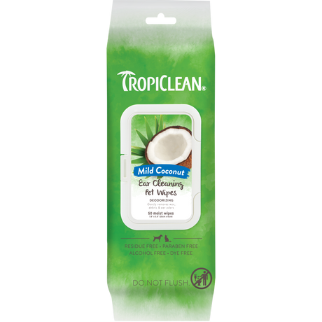 TropiClean Mild Coconut Dog & Cat Ear Cleaning Wipes, front of 50ct package