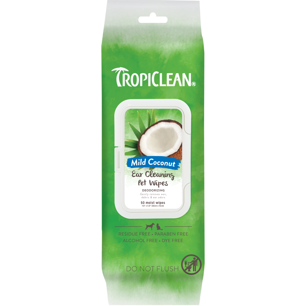 TropiClean Mild Coconut Dog & Cat Ear Cleaning Wipes, front of 50ct package