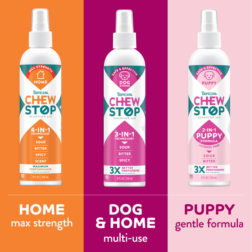 Three variety bottles of TropiClean Chew Stop Behavior Aid Puppy Spray on different colored backgrounds