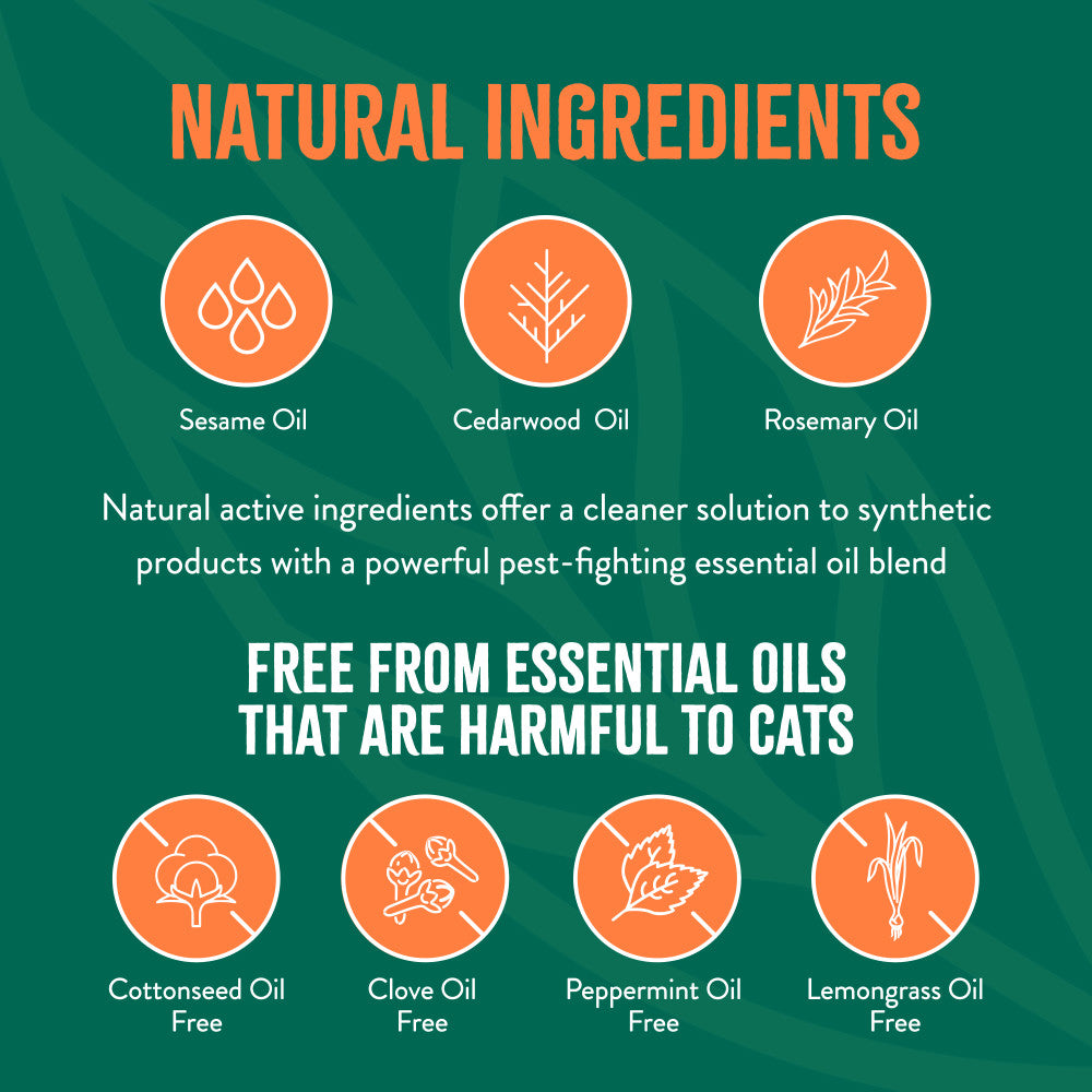 TropiClean Natural Flea + Tick Gentle Cat Shampoo. Infographic highlighting natural ingredients and their benefits