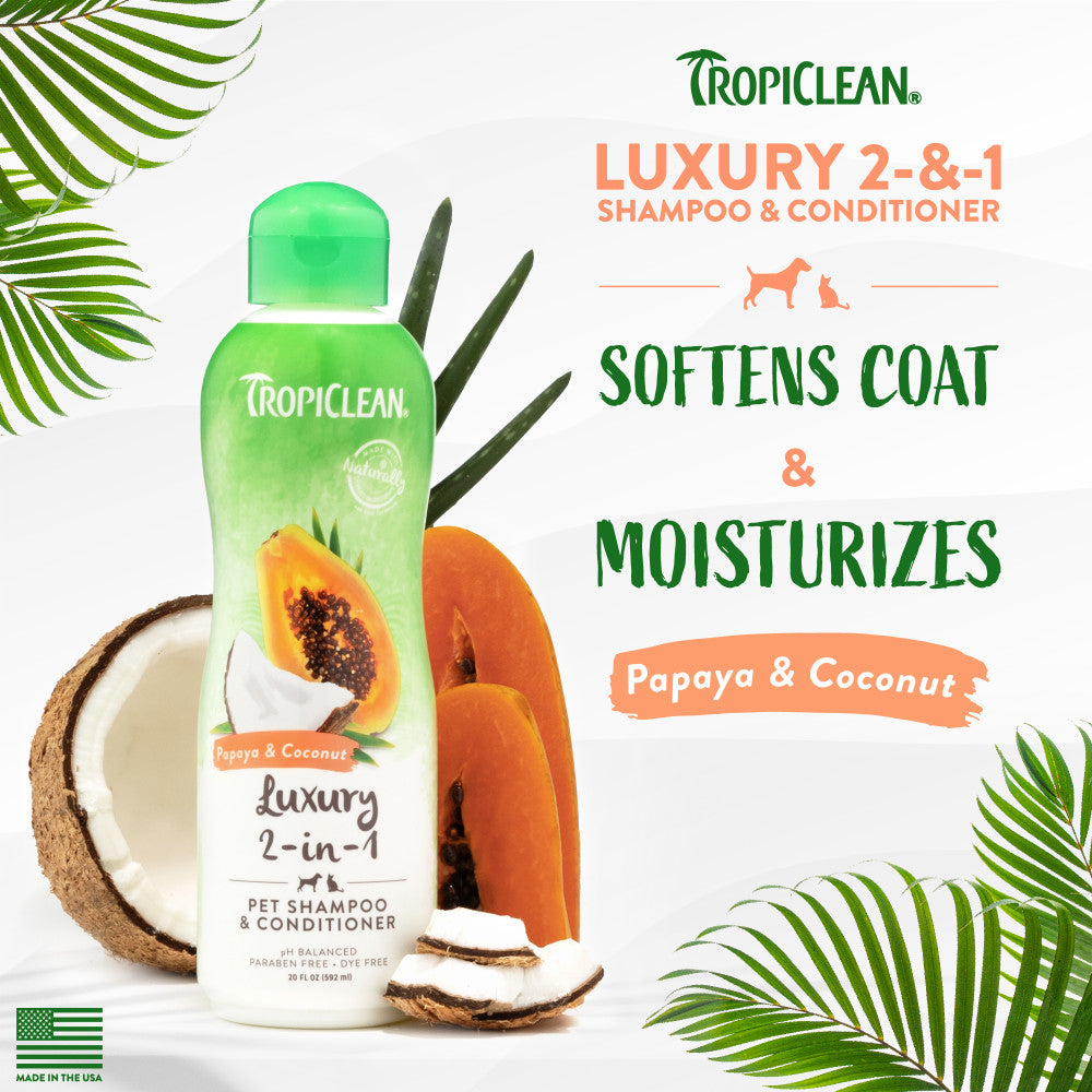 TropiClean Papaya & Coconut 2-In-1 Shampoo and Conditioner for Pets, image with fruits