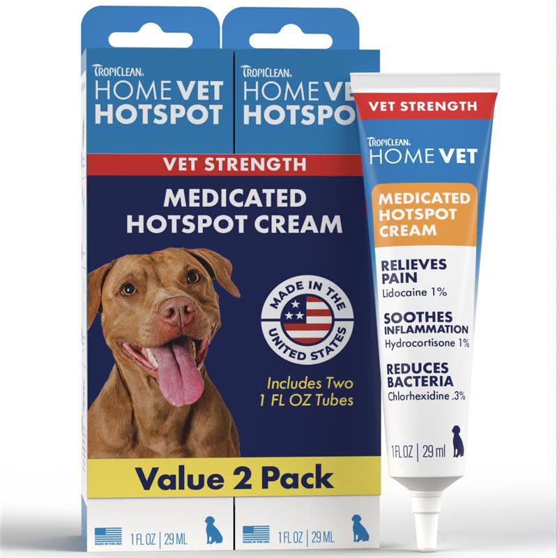 Tropiclean Home Vet Medicated Hotspot Cream for Pets packaging, value pack of 2.
