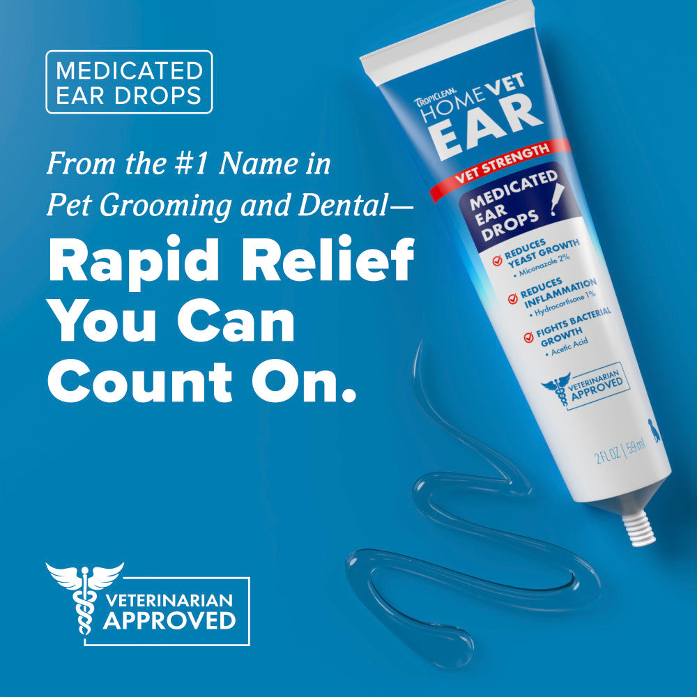 TropiClean HomeVet Medicated Dog Ear Drops tube on a blue background with text about rapid relief.