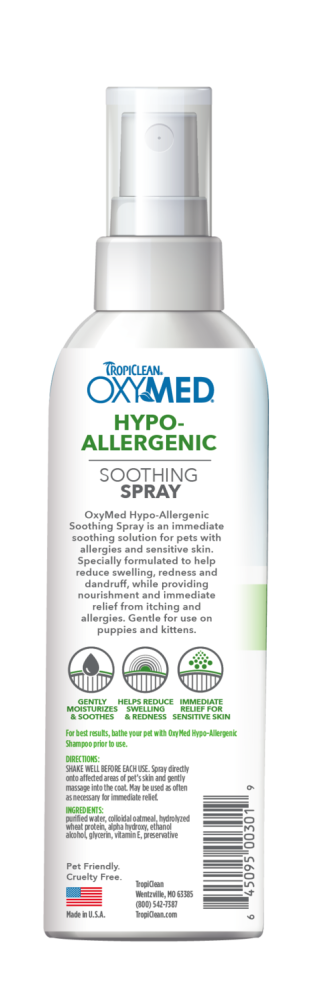 TropiClean OxyMed Hypoallergenic Anti Itch Spray for Dogs and Cats, image of back of spray bottle