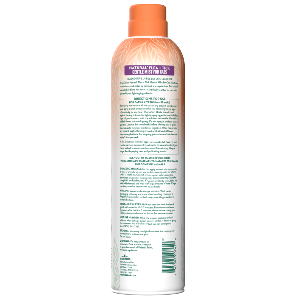 TropiClean Natural Flea + Tick Cat + Home Easy Mist Spray, image of back of bottle