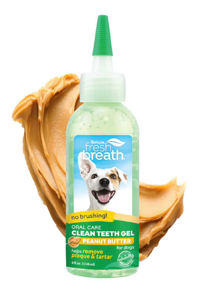 TropiClean Fresh Breath Peanut Butter Dental & Oral Care Gel for Dogs, front of 4oz bottle with peanut butter