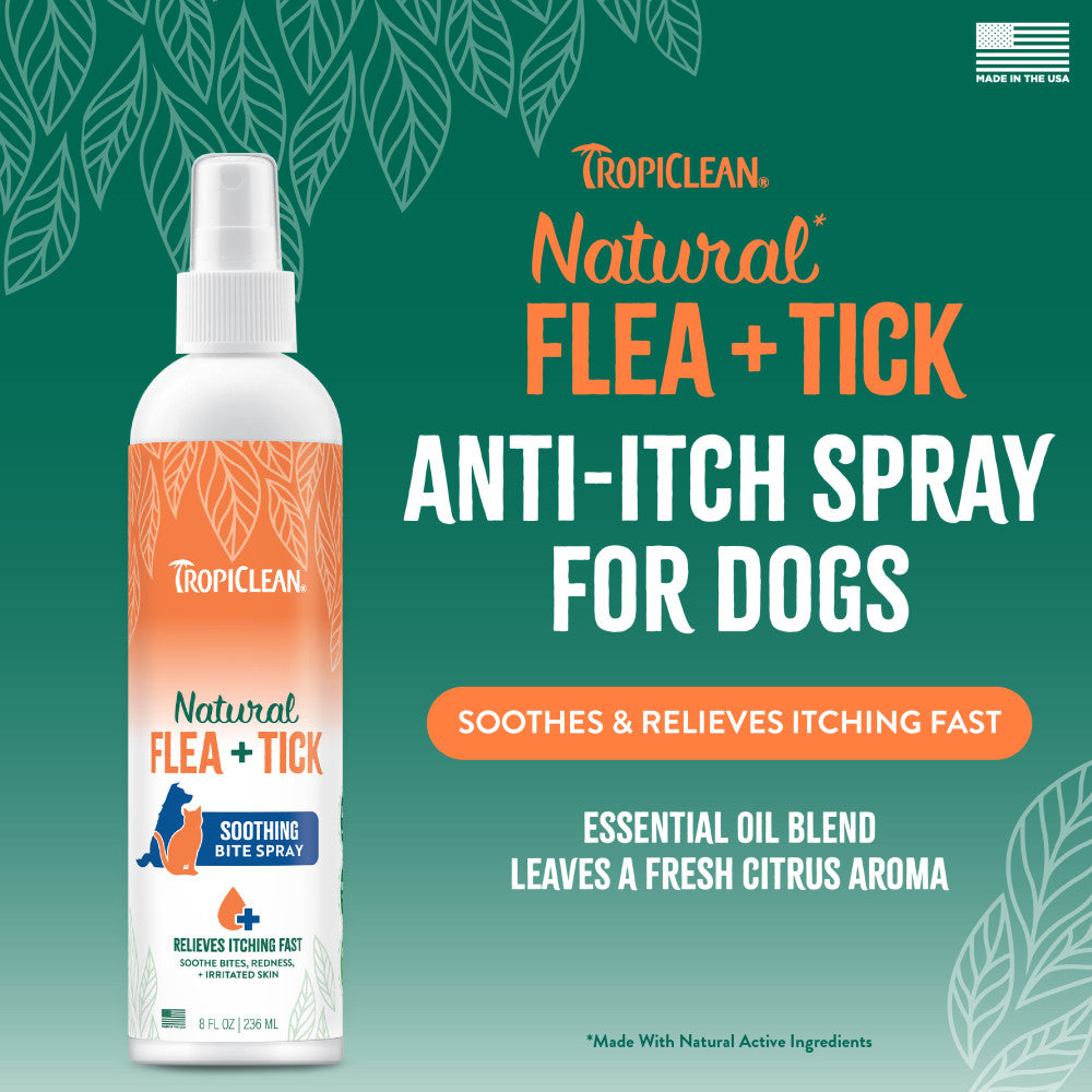 TropiClean Natural Flea + Tick Bite Relief Spray for Pets on a green background with product details.