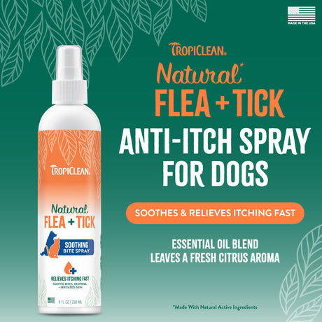 TropiClean Natural Flea + Tick Bite Relief Spray for Pets on a green background with product details.