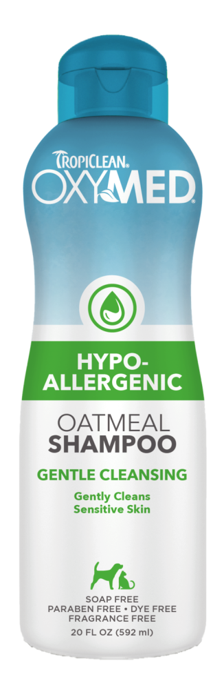 TropiClean OxyMed Hypoallergenic Oatmeal Shampoo for Dogs and Cats, front of bottle.