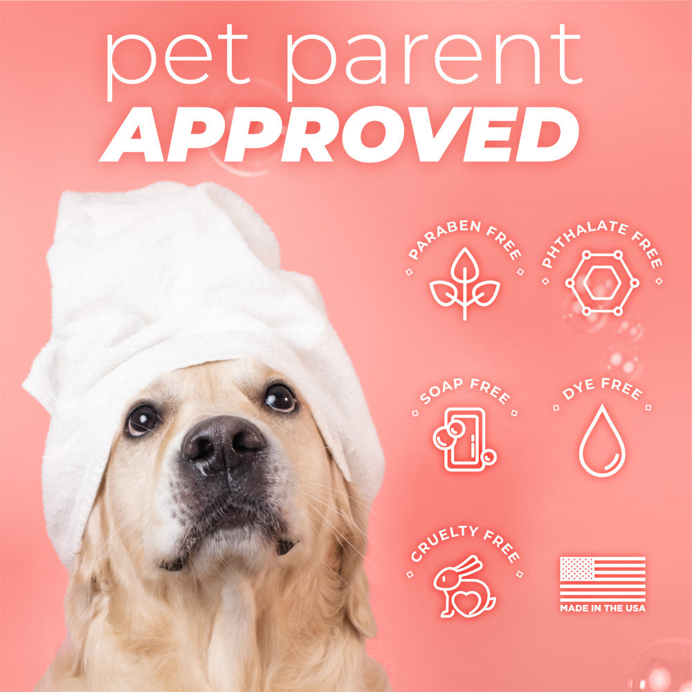 TropiClean PURE Hypoallergenic Plant-Based Wipes for Dogs & Cats. Dog wearing a white towel with 'pet parent APPROVED' text and icons on a pink background